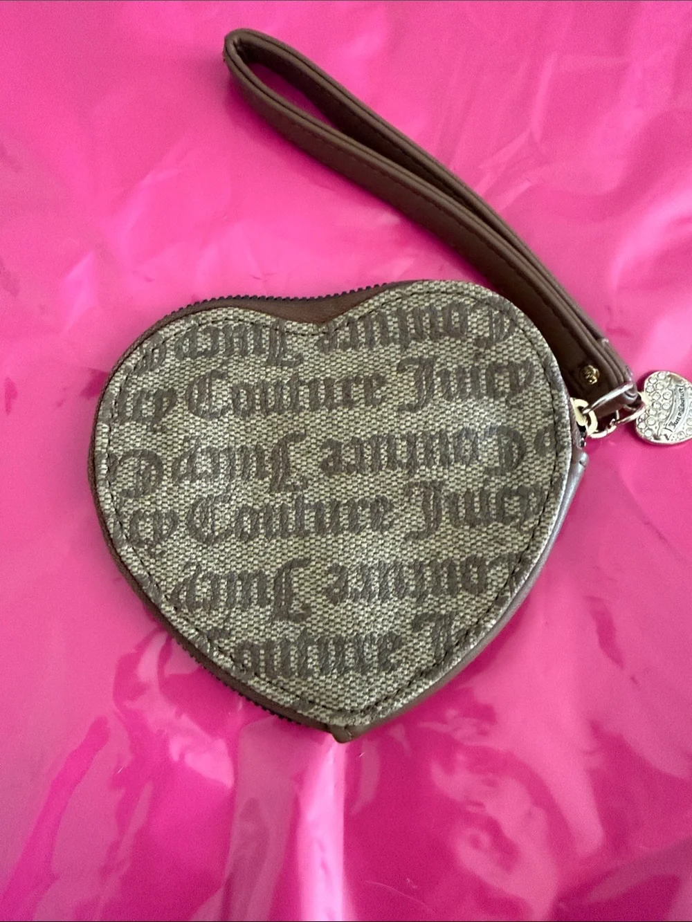 Juicy Couture Heart Wristlet in Beige with Pink Trim